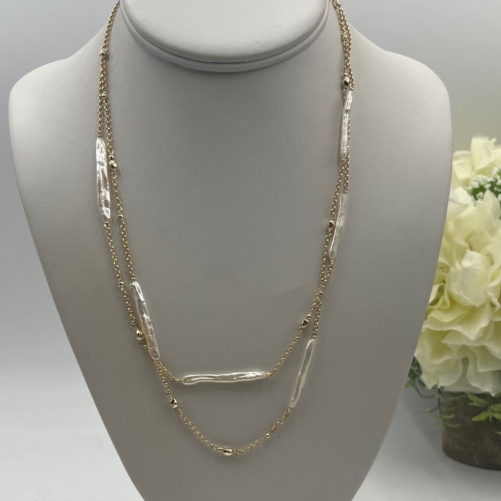 Kendra Scott Eileen Gold Two Strand White Freshwater Biwa Pearl Station Necklace